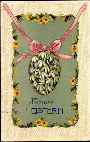 Embossed congratulations Easter, flowers in egg with bow