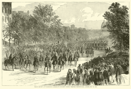 Grand review at Washington, Sheridan's cavalry passing through Pennsylvania Avenue, 23 May 1865, May 1865 (engraving)