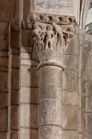 Cathedral (Catedral de San Pedro de Jaca). Interior. Capitals of the nave (photo)