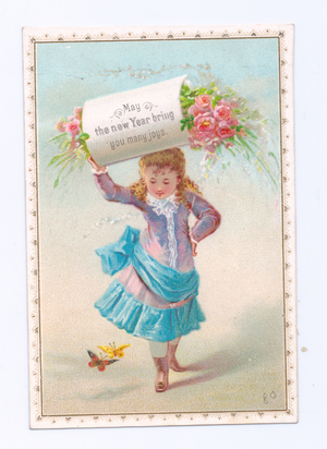 A Victorian New Year card of a of a girl carrying a bundle of flowers on her head, c.1880 (colour litho)