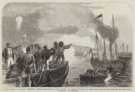 Captain Hewlett, CB, of HMS "Edinburgh," directing the Movements of the "Snapper" and "Stork" Gun-Boats at a Russian Three-Decker between Gustafsvern and Bartholomew (engraving)
