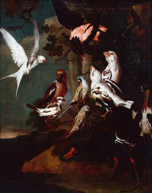 A Moorhen, Swallow, Finches and other birds in a Wooded River Landscape (oil on canvas)