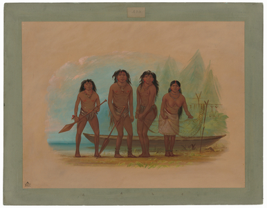 Four Fuegian Indians, 1856-1869 (oil on card mounted on paperboard)