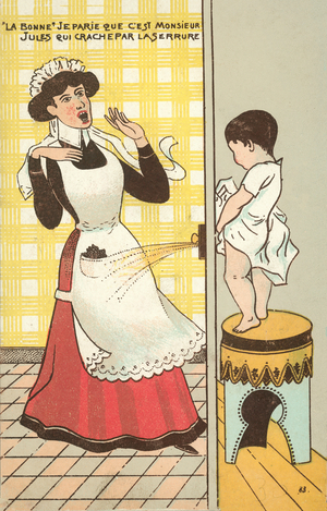 Boy urinating through a keyhole (colour litho)