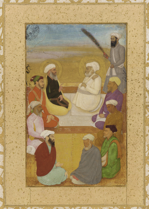 Dara Shikoh with Mian Mir and Mulla Shah, detached album folio with painting, c.1640 (opaque watercolour, ink and gold on papermounted on paperboard)