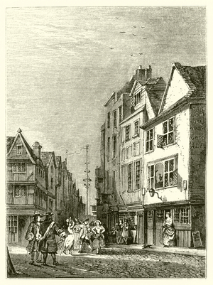 Nell Gwyn at the door of her lodgings in Drury Lane, London (engraving)