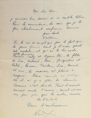 Letter to Man Ray, regarding the achievement of 'Facile', 1935 (pen & ink on paper)