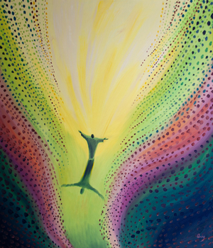The angels rejoice at Jesus's Ascension as He returns to the Father in Glory, 2000 (oil on board)