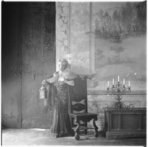 Caresse Crosby, portrait of American patron of the arts and inventer of first patented brassiere, in Castello di Rocca Sinibalda, Italy, mid 1950's (b/w photo)