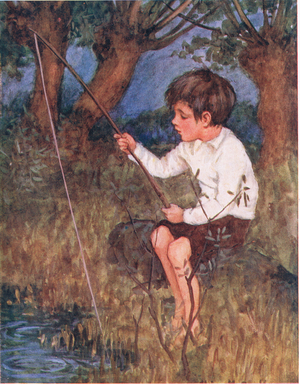 He sat down on the grassy bank to fish, from The Big Book for Children (Herbert Strang) published by Humphrey Milford, Oxford University Press, c.1920 (colour litho)
