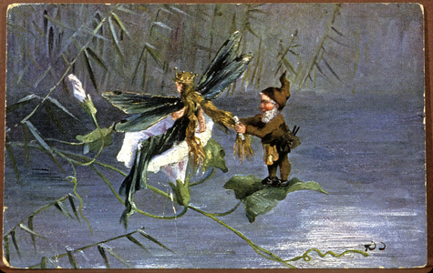 Dwarf braiding a fairy, early 20th century (postcard)