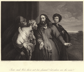 "Jesus said, were there not ten cleansed? but where are the nine?" (engraving)