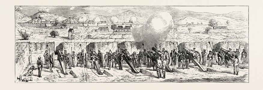 The Cartagena Insurrection, Spain: The Bombardment, Government Battery of 70lb. Bronze Guns Nearest the City Firing on the Forts, 1873 Engraving