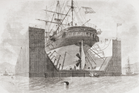 The floating dock at Cartagena, Murcia, Spain in the mid 19th century.  From L'Univers Illustre published 1866.