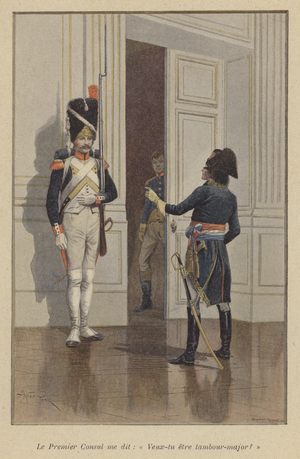 The First Consul asked me: "Would you like to be drum-major?" (colour litho)
