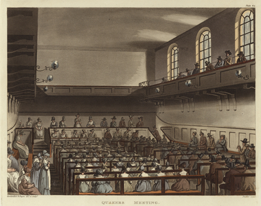 Quakers meeting (coloured engraving)