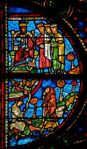 Window w0 depicting the Annunciation to Shepherds; the Magi with Herod (stained glass)