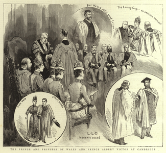 The Prince and Princess of Wales and Prince Albert Victor at Cambridge (engraving)