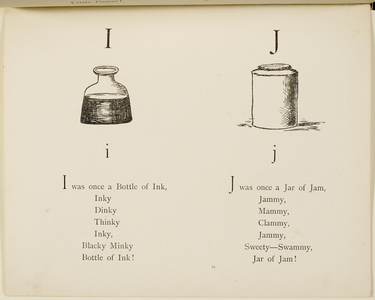 Ink bottle and jam jar Illustrations and verse from Nonsense Alphabets by Edward Lear.