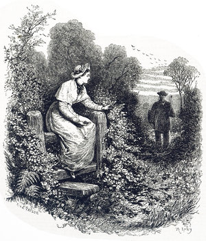 Engraving depicting a girl sitting on a stile waiting for her lover who is walking down a country lane, 19th century