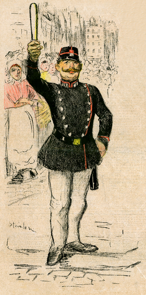 Police officer authoritally lifting his police stick (engraving, 1896)