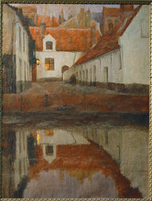 A small town on the river bank, Flanders (painting on canvas)