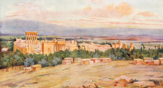 General View of the Acropolis, Baalbek (colour litho)