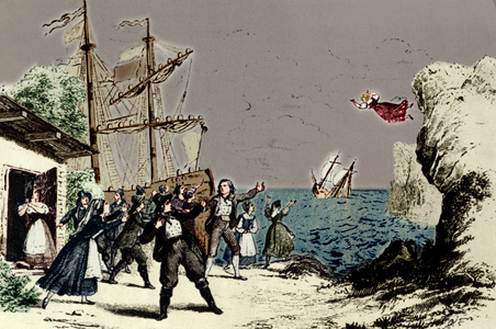 Richard Wagner's opera 'The Flying Dutchman' (Der fliegende Höllander). Illustrated scene showing Senta leaping to the Flying Dutchman from a cliff-top.   German composer & author, 1813-1883.