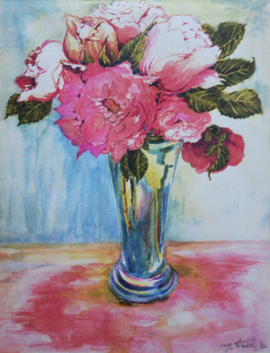 Pink Roses in a Blue Glass, 2000 (watercolour)