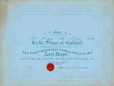 Invitation to dinner at the Guildhall, London, on 8 December 1852 (engraving)