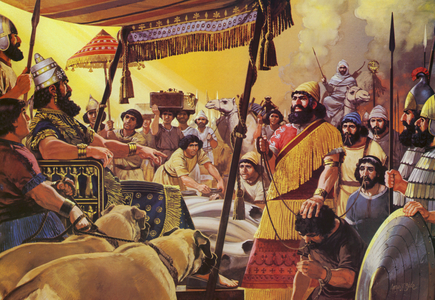 The Assyrian King receives booty and prisoners from a captured town (colour litho)