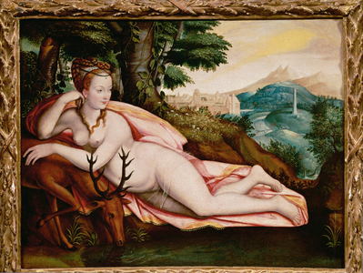 Diane de Poitiers, mistress of Henri II, King of France, as Goddess Diana (painting on canvas)