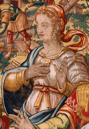 Diocesan museum (Museo Diocesano). Flemish tapestry. Brussels. Atelier François Geubels. Series Story of Gideon. Joash is informed that Gideon has destroyed the altar of Baal (Comunican a Yoás que Gedeón ha derribado el altar de Baal). Silk and wool. Bequest of Bishop Vicente Roca de la Serna. Baroque. 1534-1571, in the cathedral since 1608.