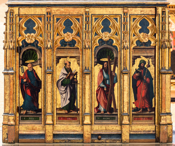 Reliquary chest, Saint Peter, Saint Paul, Saint Andrew and Saint James, 15th-16th century (Gilded and polychrome wood)