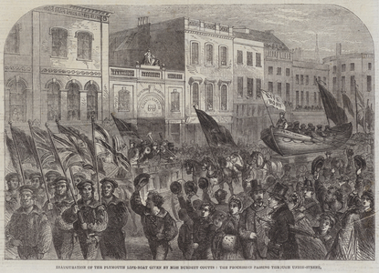 Inauguration of the Plymouth Life-Boat given by Miss Burdett Coutts, the Procession passing through Union-Street (engraving)