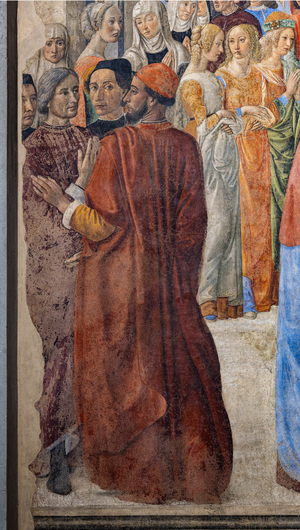 Chapel of the Miracle of the Sacrament: the character who looks at the observer is a 'Self-portrait of Cosimo Rosselli', detail of the frescoes by Cosimo Rosselli (1484- 1488). Florence, Church of St. Ambrose.  (fresco)
