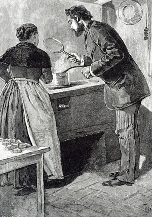 An engraving depicting a wife cooking dinner for her husband, 19th century
