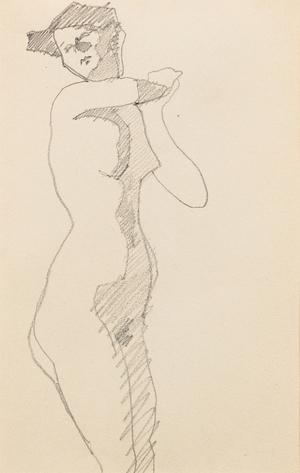 Standing nude woman in three-quarter view to the right, hands together at left shoulder, 1905(pencil on paper)