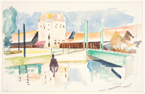 Bridge & buildings, 19th century (graphite & w/c on wove paper)