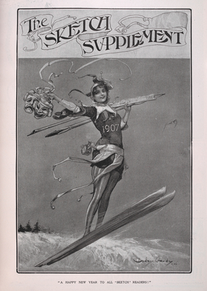 A woman skier wishing everyone a happy new year.
