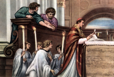 Set of biblical educational postcards in the 50's , made after Italian Fine Arts : here after "The Miracle of Bolsena" by Raphael