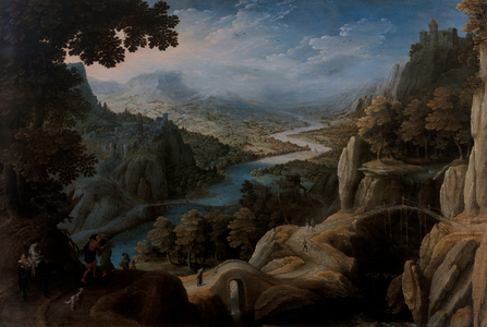 An Extensive Mountainous River Landscape with the Reconciliation of Jacob and Laban, a fortified town on a cliff top beyond, 16th-18th century (oil on panel)