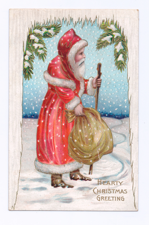 Edwardian Christmas postcard of Father Christmas holding a sack in the snow, c.1910 (colour litho)