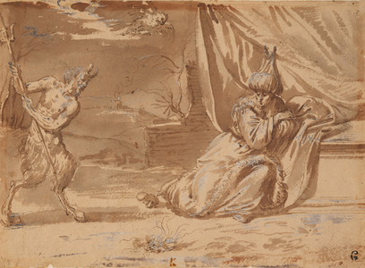 Unidentified subject: a satyr wielding a trident before an eastern potentate, a mouse at his feet, 1701-1800 (pen and brush in brown ink, heightened with bodycolour on paper)