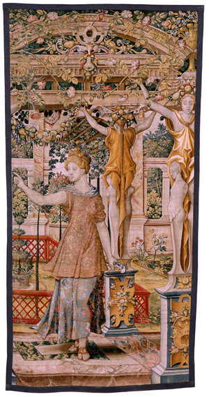 Flemish tapestry. Series Vertumnus and Pomona. No II Vertumnus transformed into a farmer (Vertumno y Pomona II Vertumno transformado en agricultor),  no1 right part. Models Circle of Pieter Coecke Van Aelst and Léonard Thiry. Atelier unknown, Brussels. Gold, silk and wool. Before 1550.