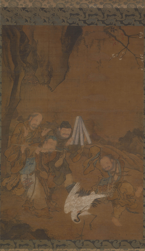 Dancing immortals and crane, 1430s-1490s (ink and colour on silk)