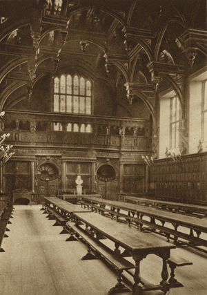 A glorious relic of Elizabethan architecture: interior of the hall of the Middle Temple (b/w photo)