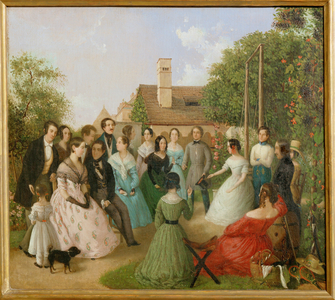 Pfaenderspiele der Familienmitglieder Alt im Garten - A game of forfeits in the garden of the Alt-family … (painting on canvas)