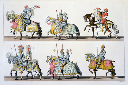 Holy Roman Empire: Participants in a tournament at the Castle of Luxembourg in the time of Maximilian I, from 'Costumi dei Romani, Svizzeri..' c.1800-18 (colour litho) 
