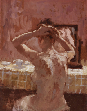 Girl doing her Hair, 1971 (oil on canvas board)